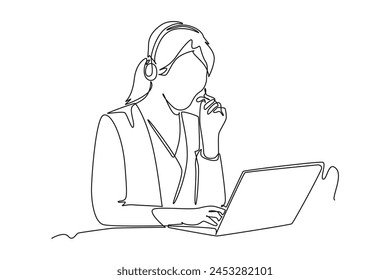 Continuous one line drawing female customer service communication with client on laptop. Marketing Concept. Single line draw design vector graphic illustration.