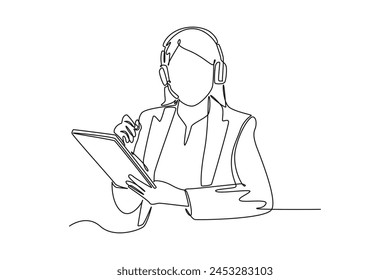 Continuous one line drawing female customer service holding clipboards. Marketing Concept. Single line draw design vector graphic illustration.