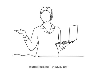 Continuous one line drawing female customer service holding laptop and making welcome gesture. Marketing Concept. Single line draw design vector graphic illustration.