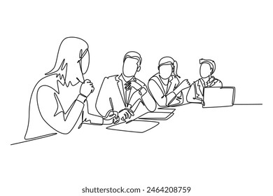 Continuous one line drawing female trainer coaching about business plan and business organization to young CEO at office. Business training concept. Single line draw design vector graphic illustration