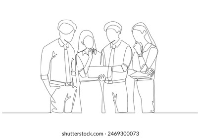 Dibujo continuo de una línea de una empleada y colegas hablando sobre el rendimiento de marketing, concepto de reunión de negocios casual, arte de una sola línea.