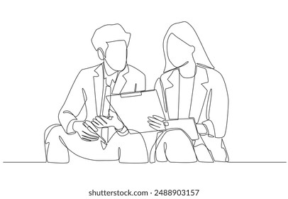 Continuous one line drawing of female office workers holding document to discuss work with male colleague, discussion of work concept, single line art.