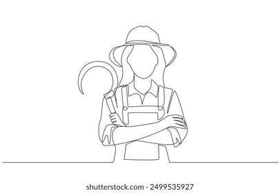 Continuous one line drawing of female farmer crossing arms on chest and holding sickle, agricultural concept, single line art.