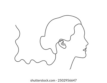 Continuo una línea de dibujo de ilustración femenina de una sola línea, retrato de niña pelo largo en moño, diseño minimalista arte contemporáneo. rostro de mujer Abstractas en el arte de línea de perfil.