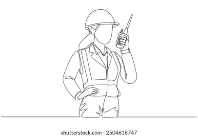 Dibujo continuo de una línea de una ingeniera sosteniendo walkie-talkie para hablar con el capataz en un sitio de construcción, concepto de proyecto de construcción, arte de una sola línea.