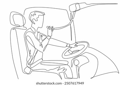 Continuous one line drawing female driver driving a bus holding microphone. Providing important information to passengers. Transit Driver Appreciation Day. Single line draw design vector illustration