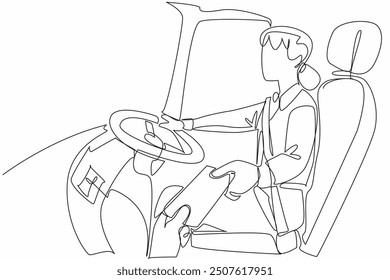 Continuous one line drawing female driver receives bus ticket from passenger. Transactions before starting the trip. Rules. Transit Driver Appreciation Day. Single line draw design vector illustration