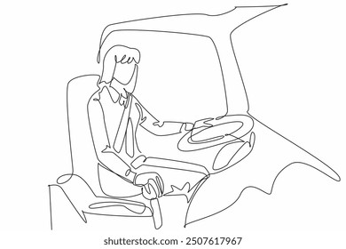 Continuous one line drawing female driver holding bus transmission. Double check the smoothness of the gears. Safety. Transit Driver Appreciation Day. Single line draw design vector illustration