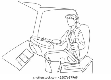 Continuous one line drawing female bus driver giving thumbs up gesture. Transit at the rest area is over. Time to go again. Transit Driver Appreciation Day. Single line draw design vector illustration