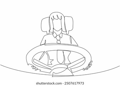 Continuous one line drawing female driver holding the bus steering wheel. Professional in work. Focus on driving. Serious. Transit Driver Appreciation Day. Single line draw design vector illustration