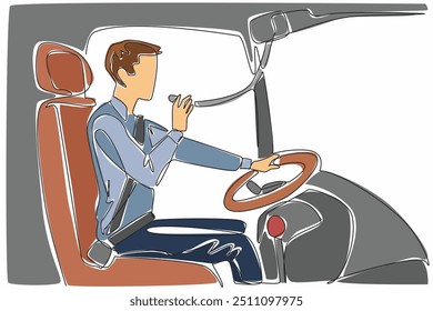 Continuous one line drawing female driver driving a bus holding microphone. Providing important information to passengers. Transit Driver Appreciation Day. Single line draw design vector illustration