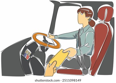 Continuous one line drawing female driver receives bus ticket from passenger. Transactions before starting the trip. Rules. Transit Driver Appreciation Day. Single line draw design vector illustration