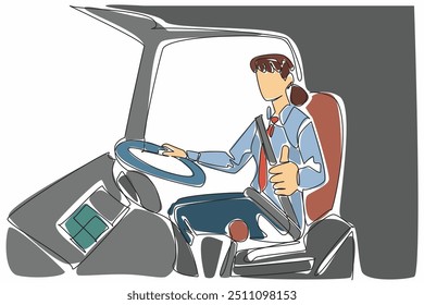 Continuous one line drawing female bus driver giving thumbs up gesture. Transit at the rest area is over. Time to go again. Transit Driver Appreciation Day. Single line draw design vector illustration