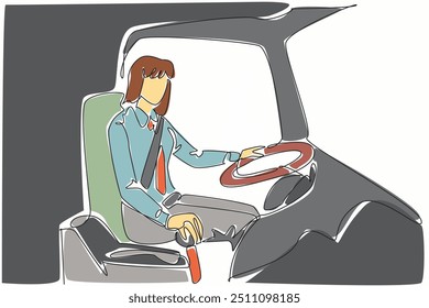 Continuous one line drawing female driver holding bus transmission. Double check the smoothness of the gears. Safety. Transit Driver Appreciation Day. Single line draw design vector illustration