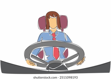 Continuous one line drawing female driver holding the bus steering wheel. Professional in work. Focus on driving. Serious. Transit Driver Appreciation Day. Single line draw design vector illustration