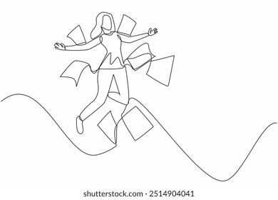 Continuous one line drawing female worker jumps with both arms outstretched. Free. Winning big project scores. Getting awards. National Fun at Work Day. Single line draw design vector illustration