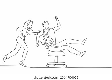 Uma linha contínua desenhando trabalhadora mulher empurrando trabalhador masculino senta-se na cadeira de trabalho. Um dia tranquilo. O chefão faz uma viagem de negócios. Dia Nacional da Diversão no Trabalho. Ilustração de vetor de design de desenho de linha única