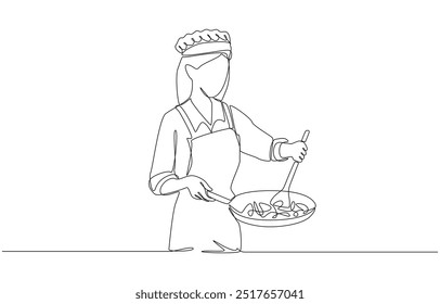 Continuous one line drawing of female street food vendor stir-frying foodt, single line art.