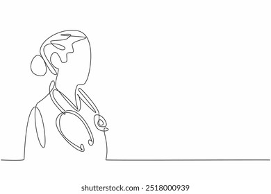 Continuous one line drawing a female doctor looking off into the distance. The important role women play in healthcare. Care. National Women Physicians Day. Single line draw design vector illustration