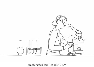 Uma linha contínua desenhando uma cientista procurando atentamente pelo microscópio. Equipamentos de laboratório a rodeiam. Dedicação à investigação e ao papel vital. Ilustração de vetor de design de desenho de linha única