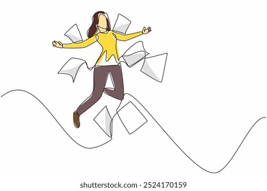 Continuous one line drawing female worker jumps with both arms outstretched. Free. Winning big project scores. Getting awards. National Fun at Work Day. Single line draw design vector illustration
