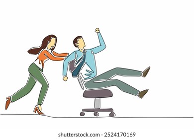Continuous one line drawing female worker pushing male worker sits on work chair. A peaceful day. Big boss goes on business trip. National Fun at Work Day. Single line draw design vector illustration