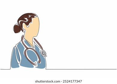 Continuous one line drawing a female doctor looking off into the distance. The important role women play in healthcare. Care. National Women Physicians Day. Single line draw design vector illustration