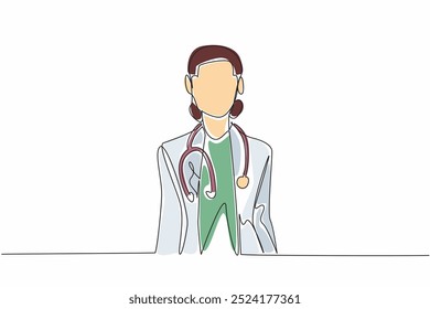 Uma linha contínua desenhando uma médica de pé confiantemente com um estetoscópio em volta do pescoço. Profissionalismo. Experiência. Dia Nacional da Mulher Médica. Ilustração de vetor de design de desenho de linha única