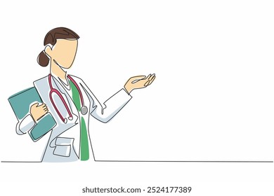 Continuous one line drawing a female doctor hold a clipboard and gesturing with her hand. Contributions of women in medical. National Women Physicians Day. Single line draw design vector illustration