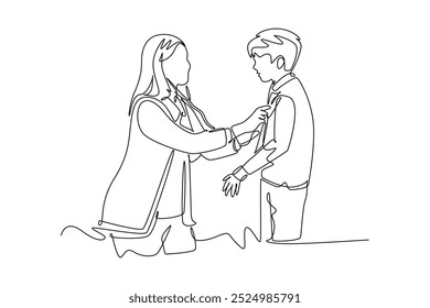 Continuous one line drawing of female pediatric doctor examining heart beat of little boy patient with stethoscope. Medical health care treatment. Single line draw design vector graphic illustration