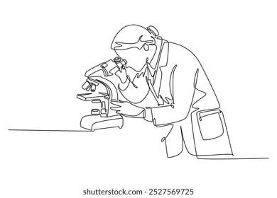 Continuous one line drawing of female scientist researching antibiotic formula using microscope to find covid vaccine. Coronavirus medical research. Single line draw design vector graphic illustration
