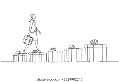 Dibujo continuo de una línea de empleada caminando de cajas de regalo de bonificación Pequeña a Grande, concepto de bonificación de empresa creciente, arte de una sola línea.
