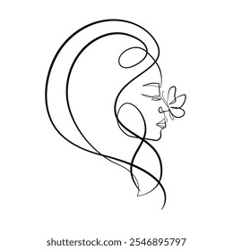 Continuous One Line Drawing of Female Face with Butterfly. Woman Portrait for Modern Design in Simple Linear Style. Editable Stroke. Doodle Black on White Vector Illustration. Not AI!