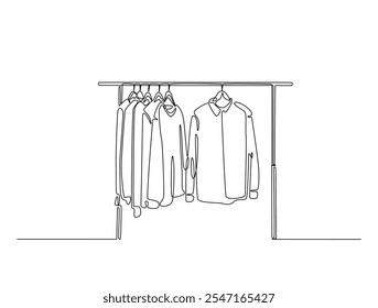 Continuous one line drawing of female clothes hanging on rail stand. Clothes hanging on rail stand single line art vector illustration. Editable vector. 
