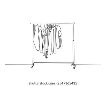 Continuous one line drawing of female clothes hanging on rail stand. Clothes hanging on rail stand single line art vector illustration. Editable vector. 
