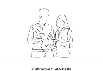 Continuous one line drawing of female employee asking colleague for advice about work, talking about work in office concept, single line art