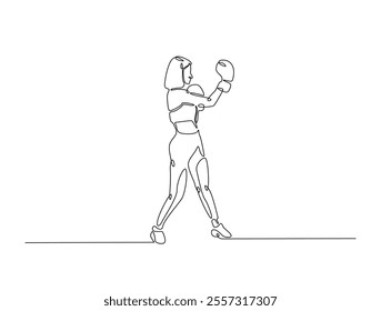 Continuous one line drawing of female boxing player wearing boxing gloves. Kingboxing woman in single line draw vector illustration. Editable line vector. 
