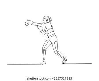 Continuous one line drawing of female boxing player wearing boxing gloves. Kingboxing woman in single line draw vector illustration. Editable line vector. 
