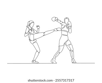 Continuous one line drawing of female boxing player combat . Two Kingboxing woman doing combat training in single line draw vector illustration. Editable line vector. 
