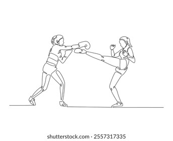 Continuous one line drawing of female boxing player combat . Two Kingboxing woman doing combat training in single line draw vector illustration. Editable line vector. 
