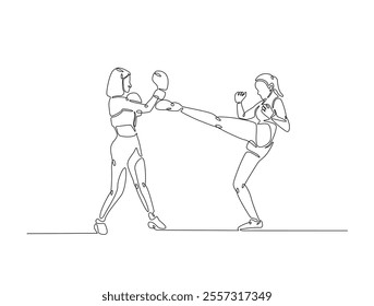 Continuous one line drawing of female boxing player combat . Two Kingboxing woman doing combat training in single line draw vector illustration. Editable line vector. 
