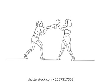 Continuous one line drawing of female boxing player combat . Two Kingboxing woman doing combat training in single line draw vector illustration. Editable line vector. 
