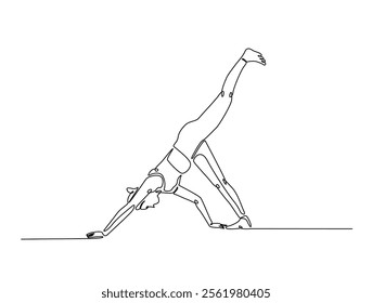 Continuous one line drawing of female character in yoga pose. woman doing yoga exercise in single line draw vector illustration. Editable line vector. 