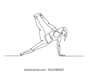 Continuous one line drawing of female character in yoga pose. woman doing yoga exercise in single line draw vector illustration. Editable line vector. 