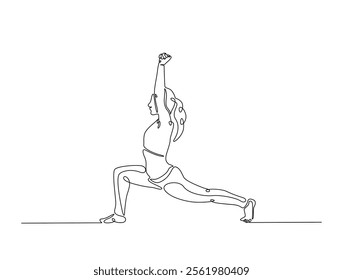 Continuous one line drawing of female character in yoga pose. woman doing yoga exercise in single line draw vector illustration. Editable line vector. 
