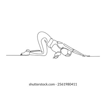 Continuous one line drawing of female character in yoga pose. woman doing yoga exercise in single line draw vector illustration. Editable line vector. 