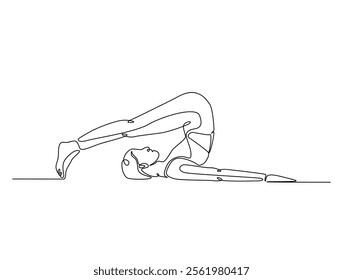 Continuous one line drawing of female character in yoga pose. woman doing yoga exercise in single line draw vector illustration. Editable line vector. 