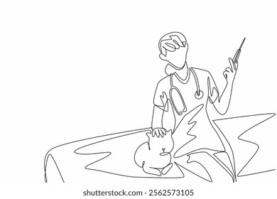 Continuous one line drawing female veterinarian doctor sitting on treatment bed holding injection. Get vaccinated. Prevent disease. World Veterinary Day. Single line draw design vector illustration