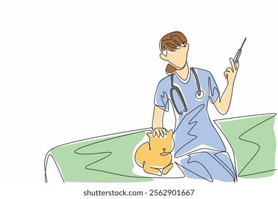 Continuous one line drawing female veterinarian doctor sitting on treatment bed holding injection. Get vaccinated. Prevent disease. World Veterinary Day. Single line draw design vector illustration