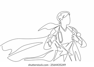 Continuous one line drawing female doctor wearing robe and wings. Pose ready whenever needed. A true hero. Professional. Metaphor. National Superhero Day. Single line draw design vector illustration